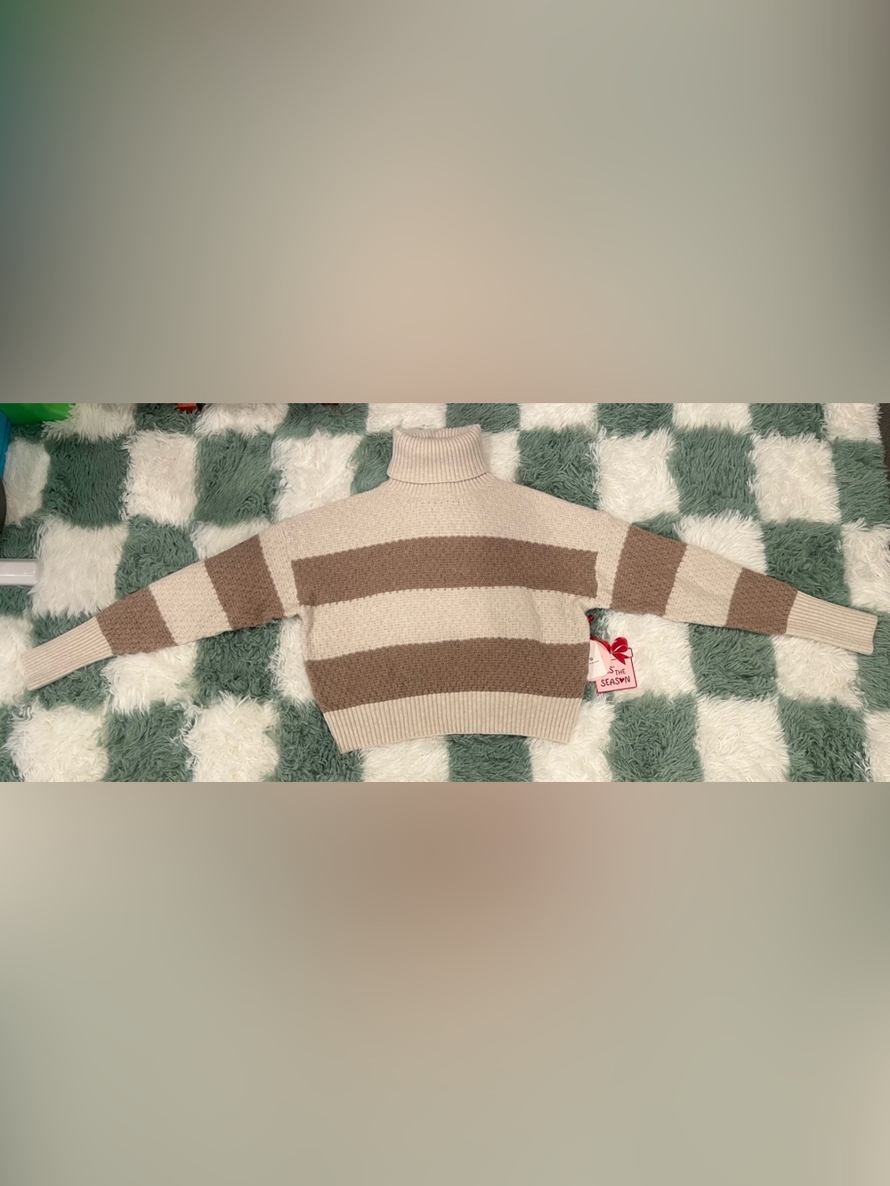 Pink Rose Cream and Brown Striped Turtleneck Sweater